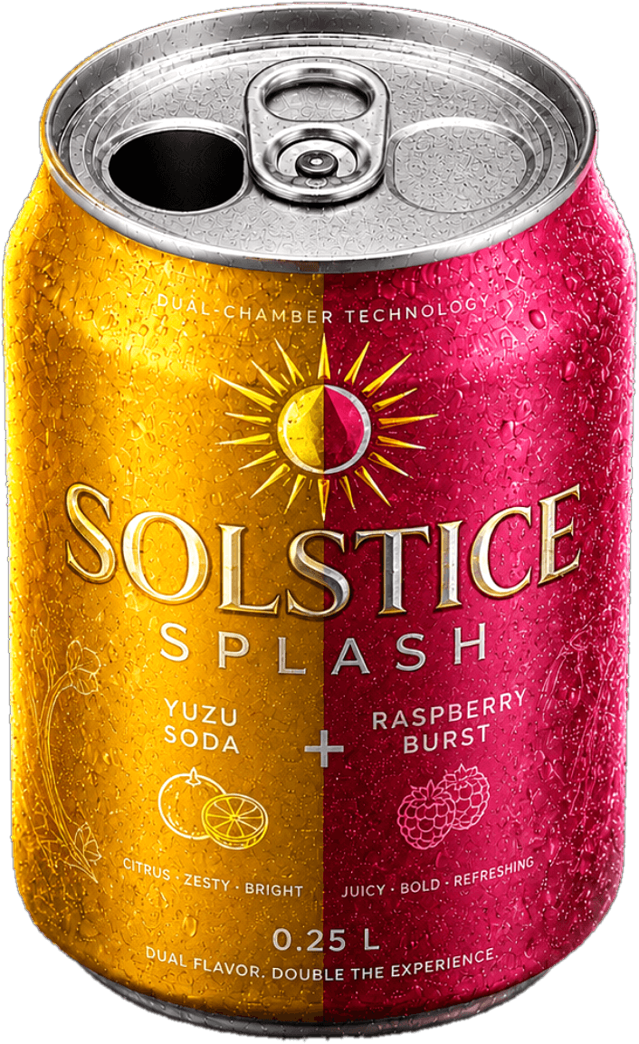 Invented festival dual-chamber yuzu soda mockup can with neon festival energy