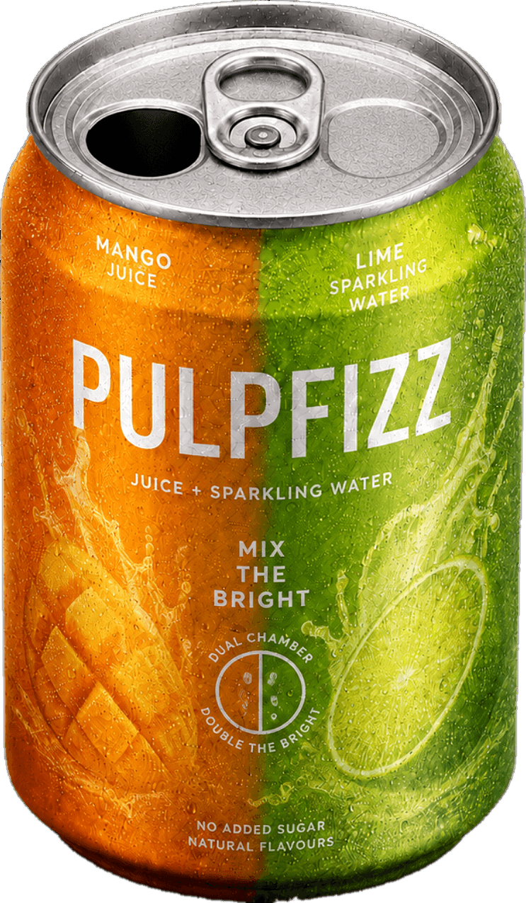 Invented PulpFizz dual-chamber mockup-mango juice and lime sparkling water