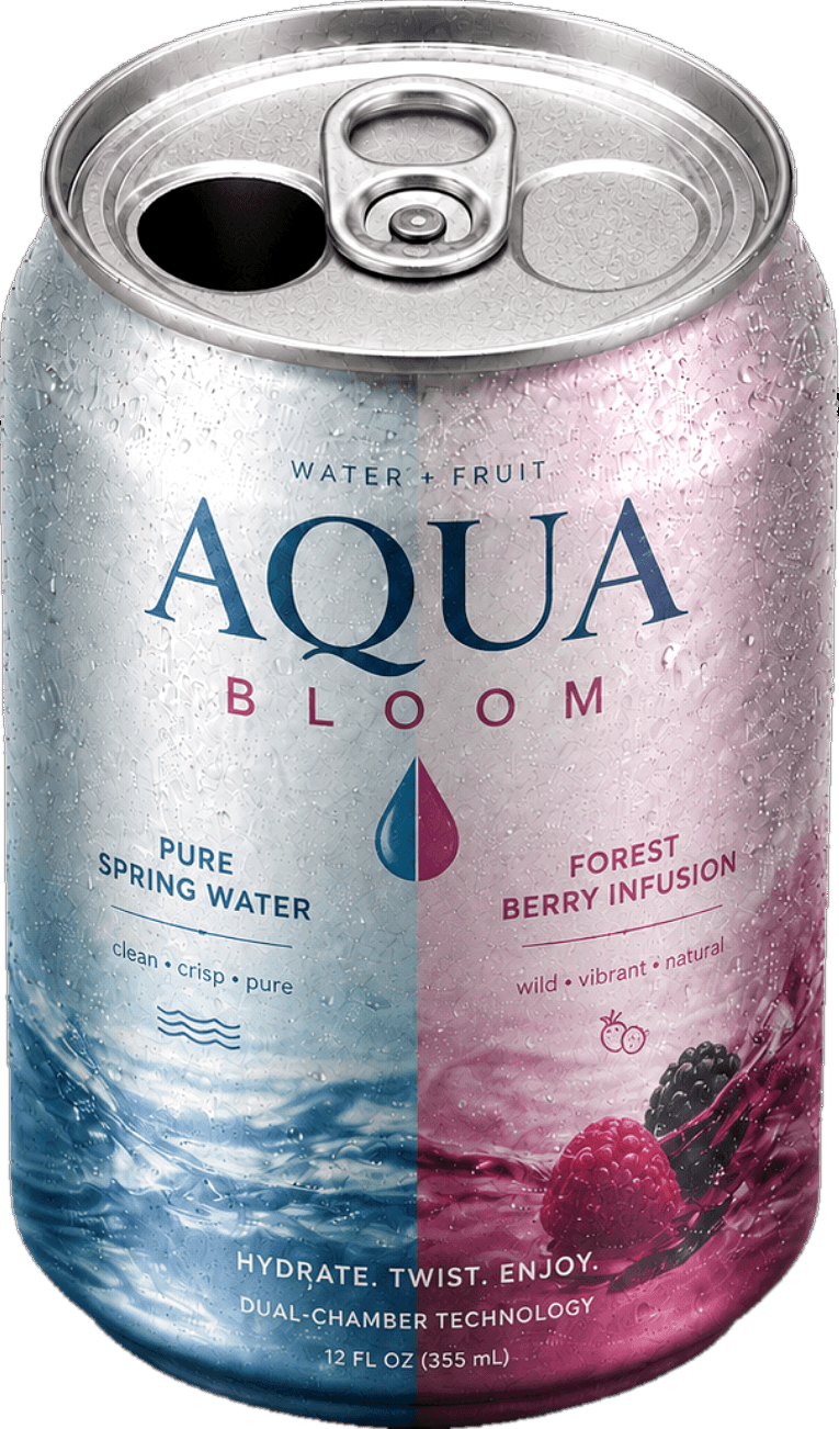 Invented Aqua Bloom dual-chamber water and forest berry infusion mockup