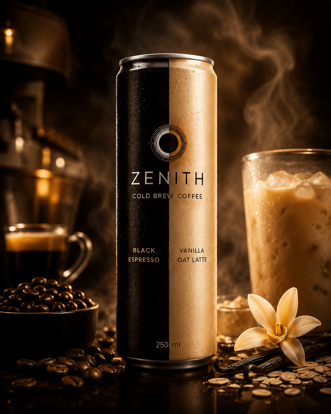 Invented Zenith Cold Brew dual-chamber mockup-black espresso and vanilla oat latte in one slim can