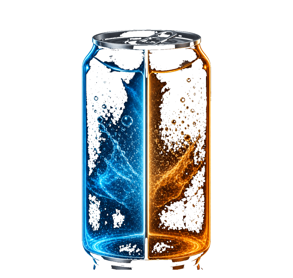 Abstract cinematic visualization of two sealed liquid chambers inside one beverage can