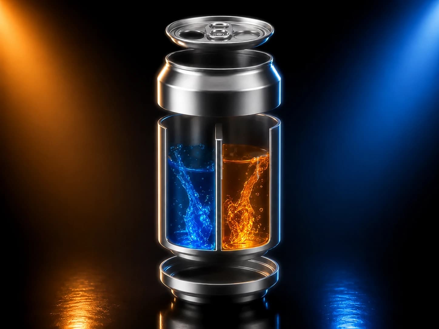 Exploded aluminum dual-chamber beverage can cutaway showing two sealed liquid compartments