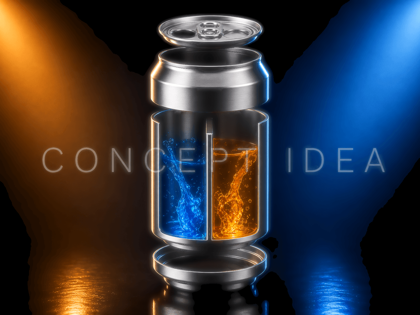 Exploded aluminum dual-chamber beverage can cutaway showing two sealed liquid compartments