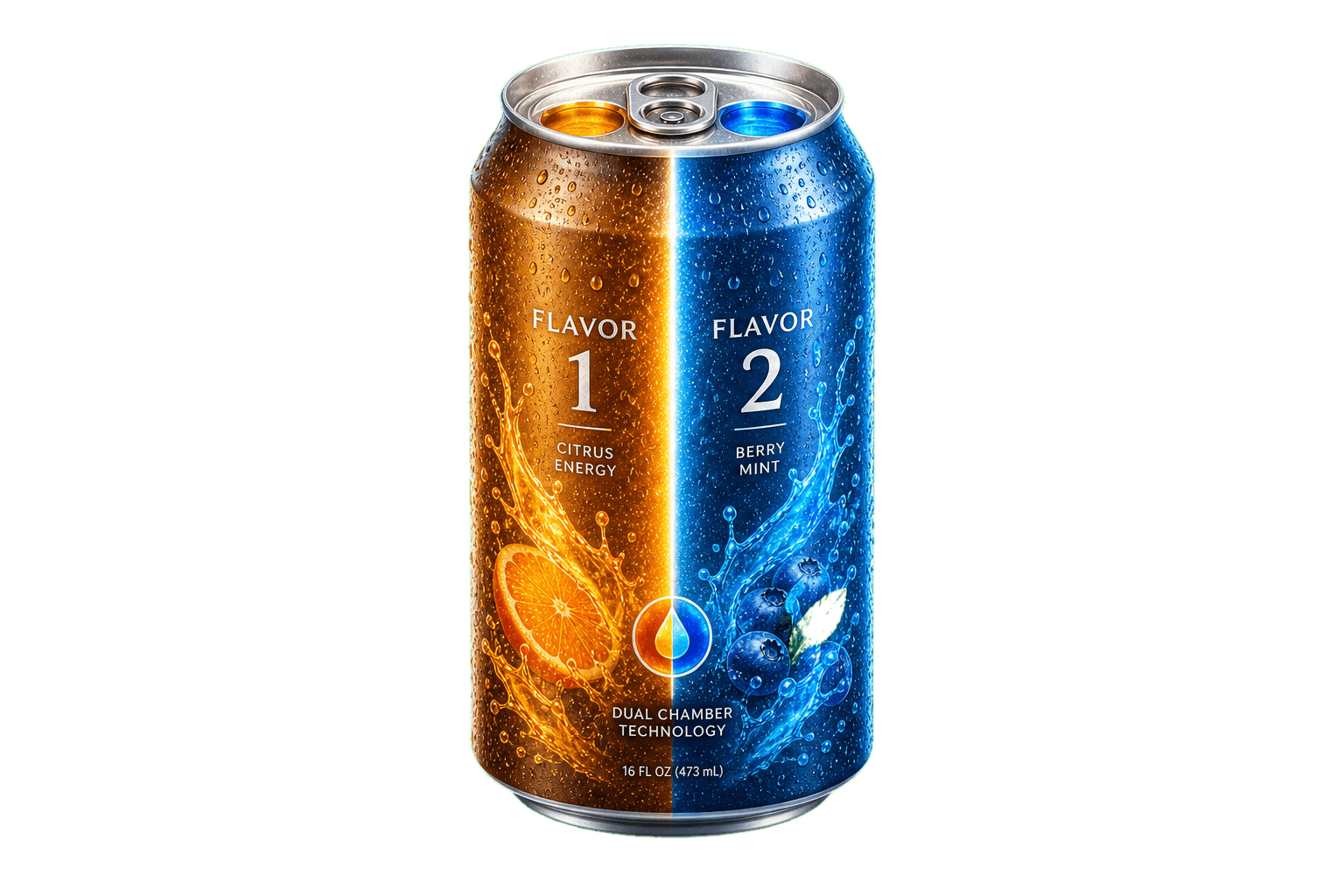 Premium dual-chamber can mockup with Flavor 1 warm citrus zone and Flavor 2 cool electric blue zone