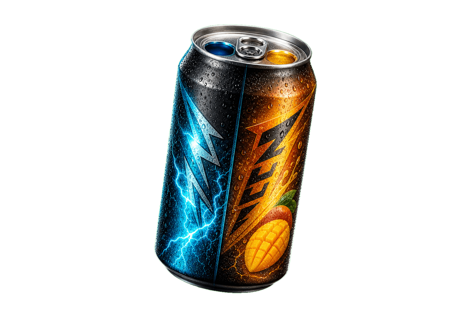 Promotional dual-chamber energy drink can with electric blue and citrus mango flavor zones