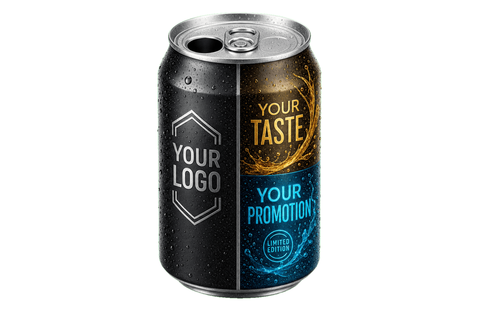 White-label dual-chamber beverage can concept showing your logo, your taste, and your promotion