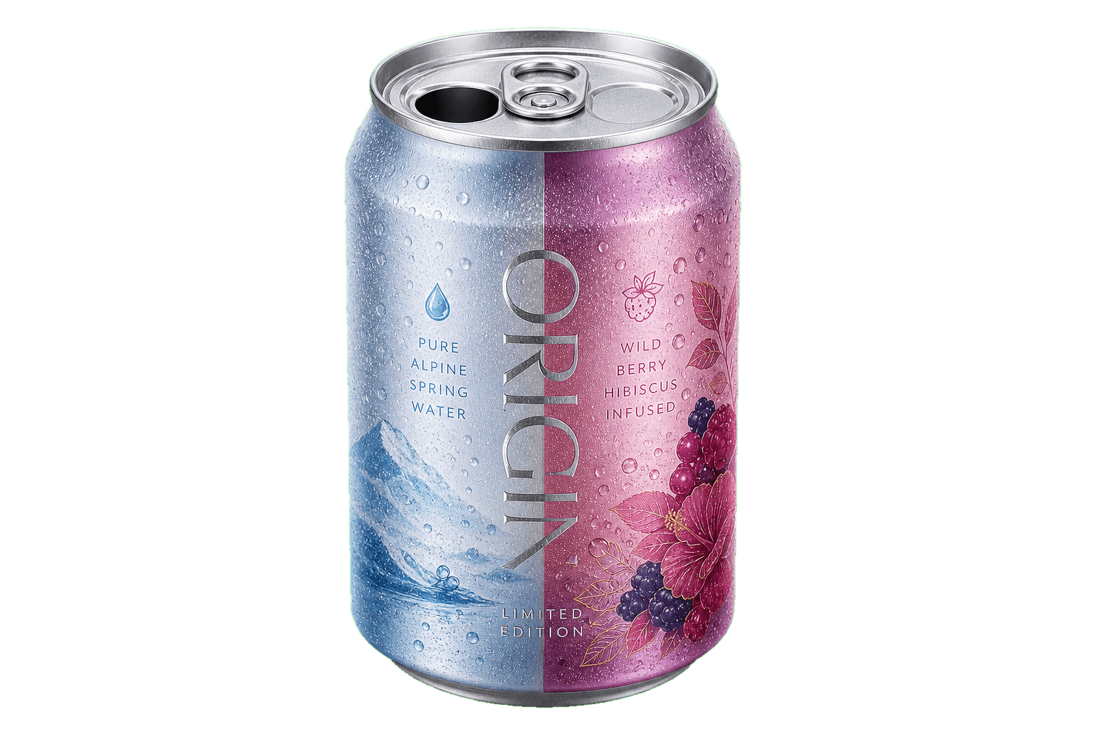 Limited edition Origin dual-chamber natural water can with alpine spring and wild berry hibiscus zones