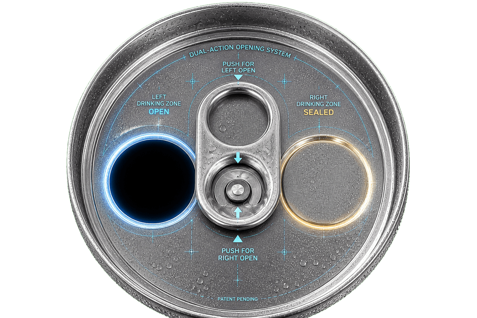 Top-down patent view of dual-chamber can lid with fixed central opener and independent left and right drinking zones